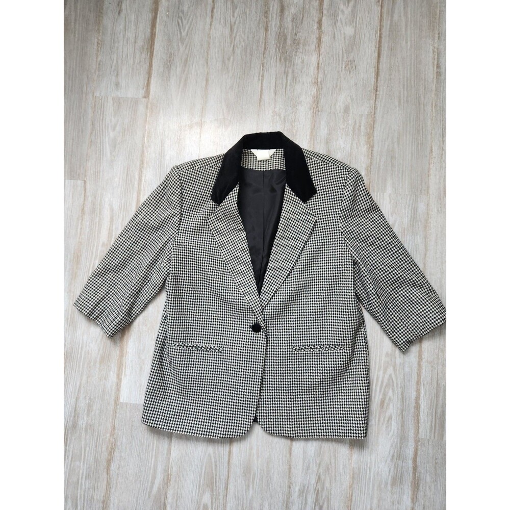 VTG Sellecca Houndstooth Blazer Jacket  Tweed Velvet Black White 3/4 Sleeve 12P